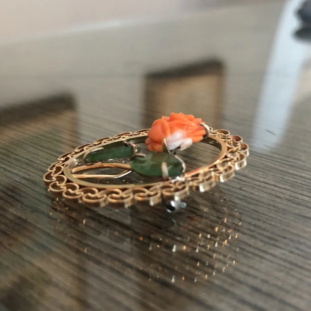 Vintage Gold Plated Coral Rose and Jade Leaves Pin